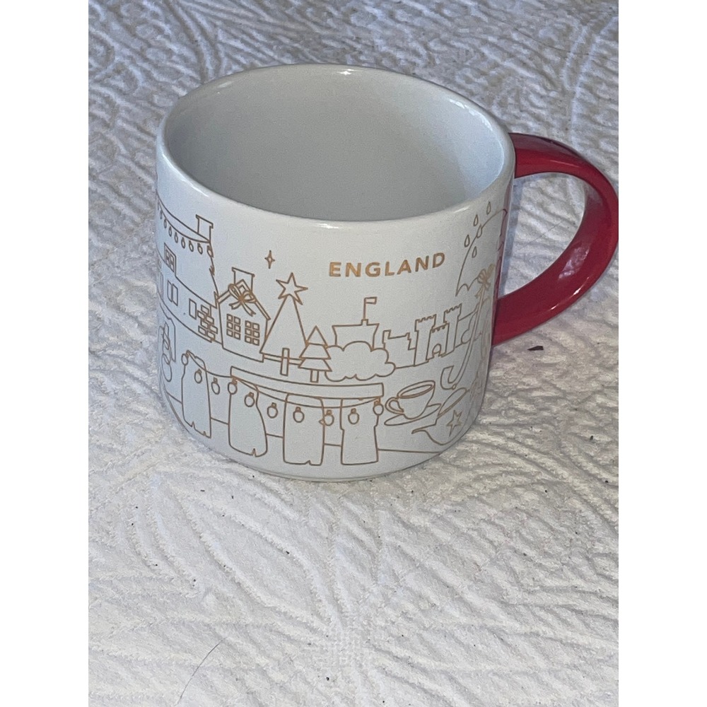 Starbucks You Are Here Collection England Mug White Red‎ Gold Coffee Cup 14oz